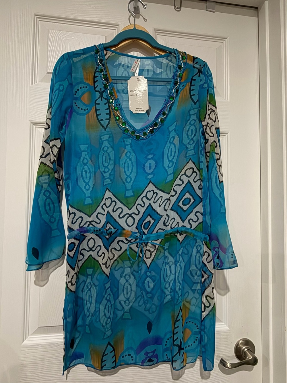 Sheer Blue Printed Tunic Dress with Beaded Neckline